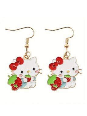 Earrings Hello Kitty Strawberry Enamel Sanrio Dangle Emo Scene Trendy Stylish